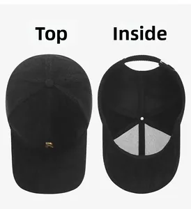 Detailed view of the black baseball cap showing the top exterior and inner lining structure