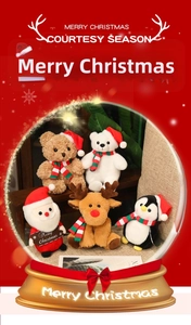 Dettaglio di set peluche natalizi con Babbo Natale e renna in una palla di neve