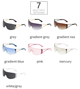 Grid display showing seven color options of Y2K rimless sporty wrap-around sunglasses