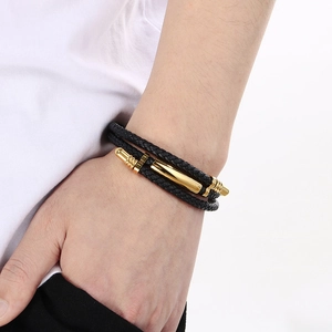 Men's double-layered black woven leather bracelet with polished gold stainless steel clasp