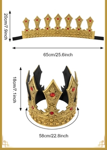 Golden royal king crown for costumes with red gems and detailed size dimensions