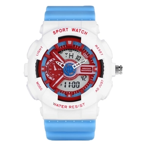 Dual display digital sports watch with white case and blue silicone strap 30M waterproof