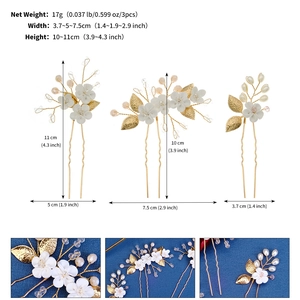 Detailed size and weight specs for handmade white flower hairpins with gold leaves