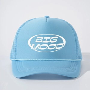 Light blue trucker hat featuring white BIG MOOD embroidery and breathable mesh back