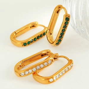 Gold-plated titanium steel hoop earrings with rectangle green and white zircon stones