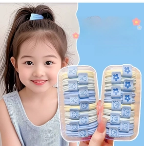 Detail of high-elasticity salt blue hair ties with cute cartoon labels in a clear box