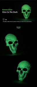 Three-angle detail of glow-in-the-dark Halloween skull mask showing green luminescence