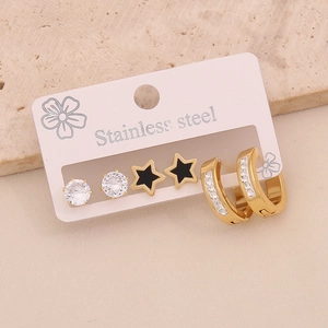 Three-piece set of gold stainless steel earrings featuring zircon studs and star charms