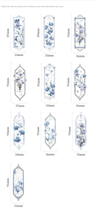 Size guide for PVC bookmarks with blue floral patterns showing dimensions in millimeters