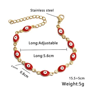 Detailed dimensions of gold stainless steel red evil eye bracelet with lobster clasp