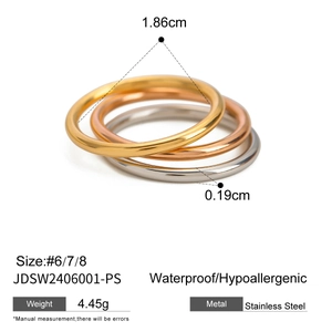 Detailed size chart for 18k gold plated stainless steel rings in gold, rose gold and silver