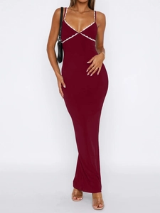 Burgundy Y2K bodycon maxi dress with white lace trim V-neck and spaghetti straps