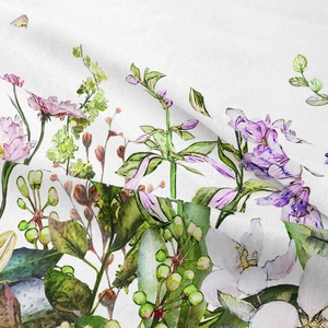 Close-up of floral tapestry fabric with pink and purple blossoms on white background