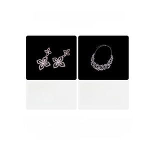Detailed size chart for the crystal floral necklace and earring jewelry set with measurements