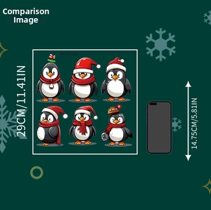 Detailed size comparison of 29cm Christmas penguin wall stickers next to a mobile phone