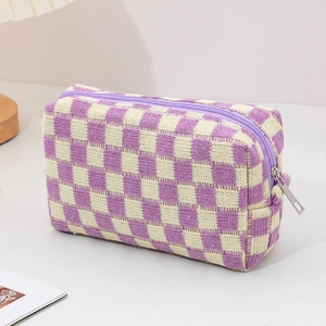 Knitted checkerboard makeup bag in purple and beige with durable metal zipper
