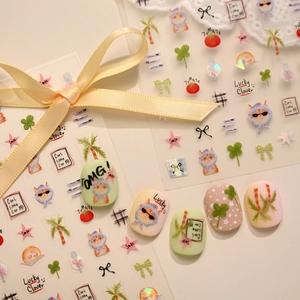 Cute Cartoon Cat Lucky Clover Tomato Nail Art Stickers Self Adhesive DIY Manicure Decorations For Kids Women
