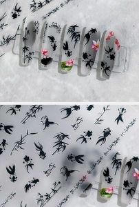 Détails de stickers à ongles style encre de Chine avec motifs bambou et poissons rouges