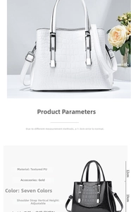 Détails du sac à main motif crocodile avec dimensions indiquées et accessoires dorés