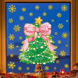 Christmas Tree Wall Stickers Snowflake Window Decals PVC Self Adhesive Festive Glass Decors For Home Party Pink Bow Star