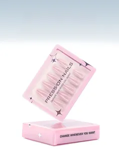 Detail of pink almond-shaped press-on nails in transparent window packaging 30pcs