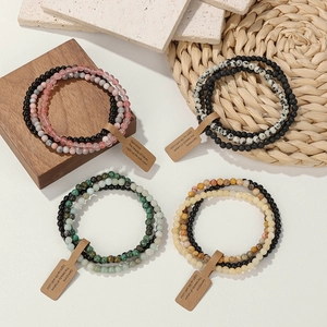 Three-piece set of 4mm natural picture jasper stretch bracelets with decorative labels