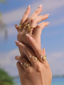 Close-up of gold-plated sea life rings with white zircons on a model's hand by the beach