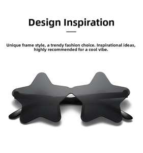 Detail view of rimless star shaped sunglasses with black lenses and slim black frames