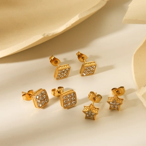 Set of 18K gold plated stainless steel star and square stud earrings with white zircons