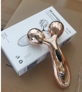 Detail view of golden 3D V-face roller massager showing ABS model RL-216 and its packaging