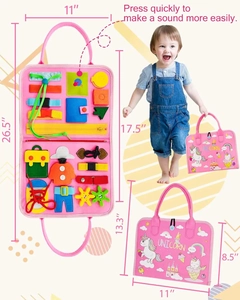 Pink felt busy board featuring unicorn graphics and sensory learning parts for toddlers