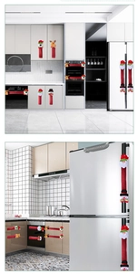 Close-up of Christmas themed refrigerator handle covers featuring Santa and Snowman designs