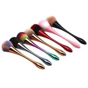 Macro shot of seven colorful mushroom head makeup brushes with vibrant ombre bristles