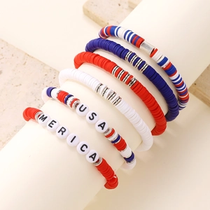 Red white blue USA Independence Day Heishi clay bead stretch bracelet set for women