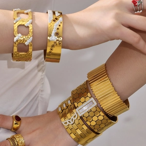 Golden chunky honeycomb bangle and 5A zircon cuff bracelet set for women fashion