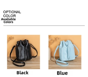 Drawstring bucket crossbody bag shown in black and blue options with long straps
