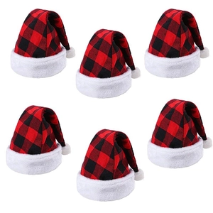 Pack of six classic red and black buffalo plaid Santa hats with soft white plush trim