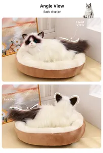 Detailed views of a realistic ragdoll cat plush toy on a cozy round pet cushion bed