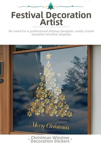 Detail of golden snowflake Christmas tree window sticker with Merry Christmas text