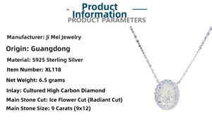 Detailed view of S925 sterling silver necklace with 9ct radiant cut high carbon diamond