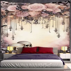Gothic forest tapestry with pink roses and skulls used as bedroom wall decor backdrop