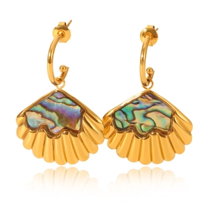 Macro detail of golden scallop shell earrings with iridescent abalone shell inlay