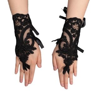 Elegant black lace fingerless gloves with ribbon ties and gothic floral patterns