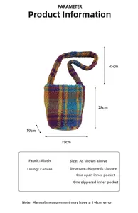 Detailed size specifications of the colorful plaid fleece bucket bag with canvas lining