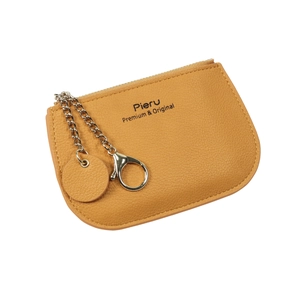 Minimalist yellow lychee pattern leather coin purse with metal chain and zipper closure