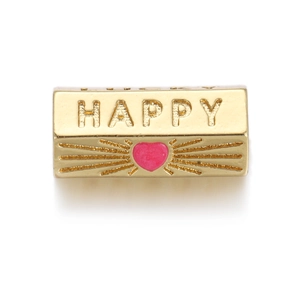Detail of a gold-plated briefcase locket with happy engraving and a pink heart design