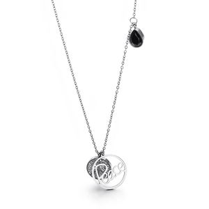 Silver stainless steel necklace with black teardrop gem and iced Peace pendant
