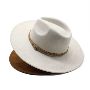 British style suede fedora hats in beige and brown with woven rope band detail