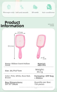 Detailed view of pink 3D hollow scented hair comb with ABS+TPU material and dimensions