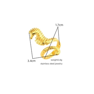 Detailed macro view of 18k gold plated seahorse ring showing size and stainless steel material
